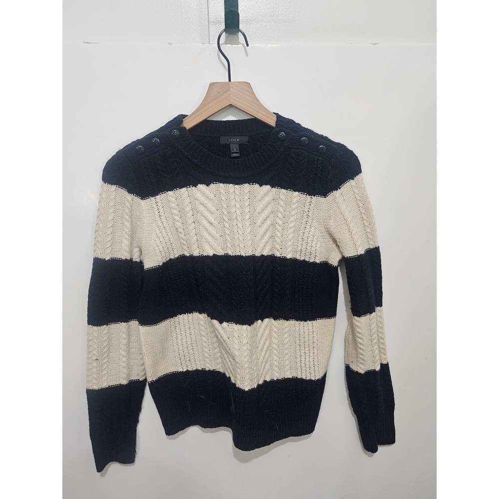 J.Crew Navy Blue Cream Striped Cable Knit 100% Wool Sweater Button Shoulder S